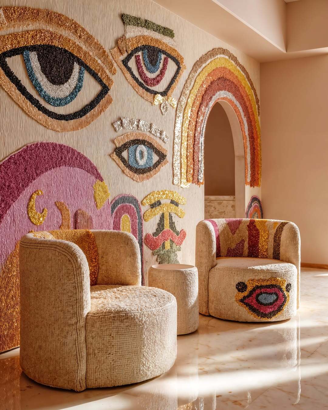 Bohemian living room with textured wall art designed with STYLY